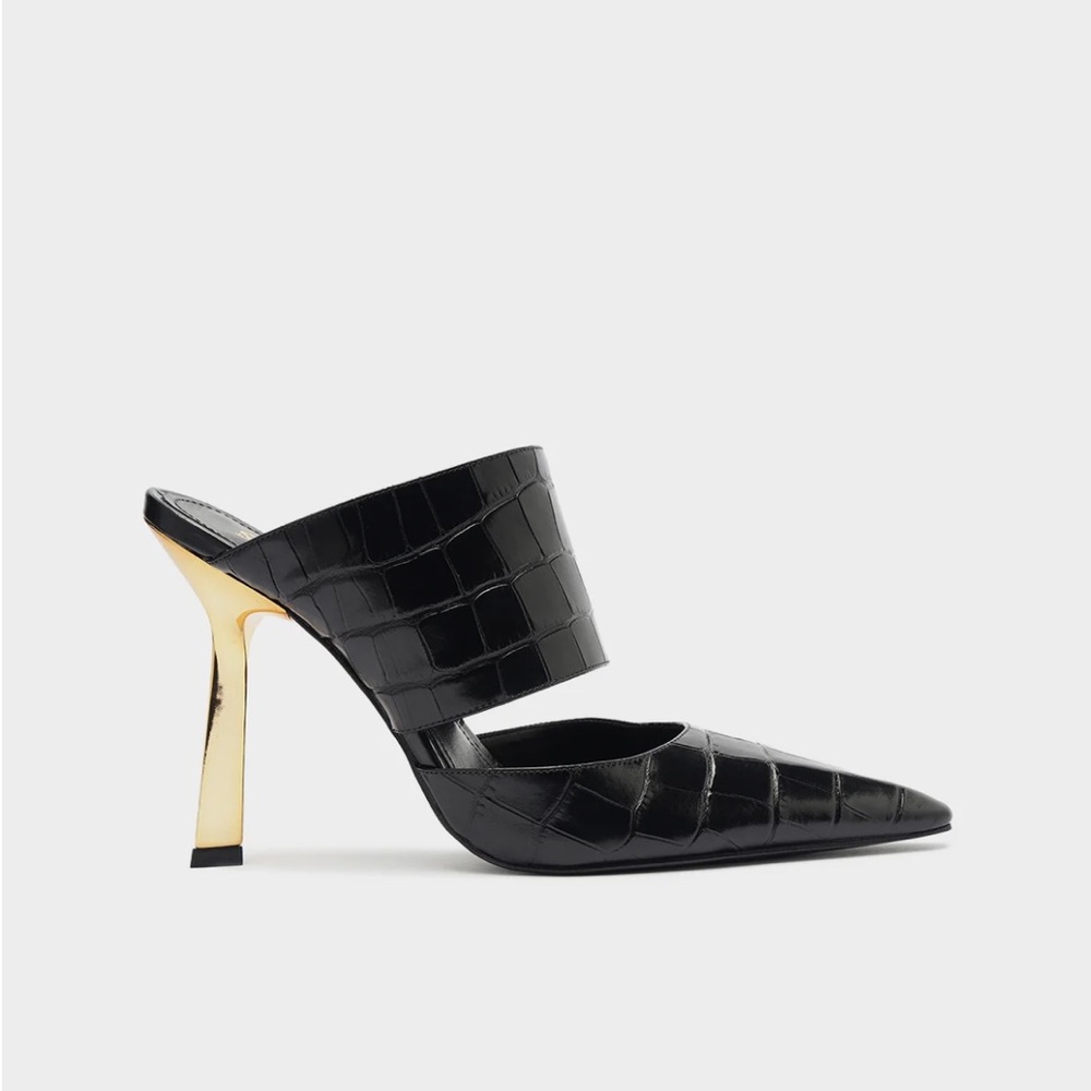SCHUTZ Black and Gold Sculptural Heel Mules (NWT)
